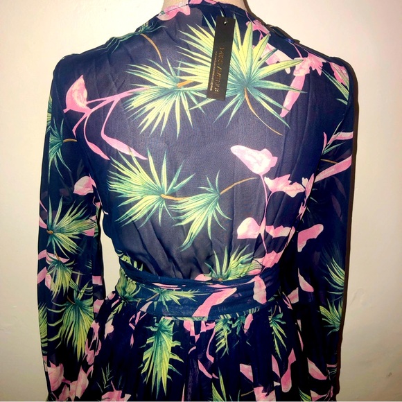 Blue Pink & Green Tropical Print, Faux Wrap, Long Sleeve, Maxi Dress - Picture 7 of 16